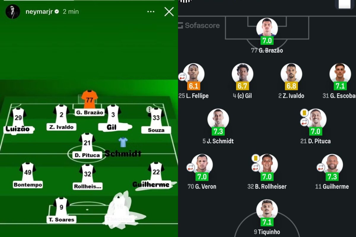 Time postado por Neymar (à esquerda) e formação inicial do Santos contra o Bragantino (à direita) - (foto: Reprodução/Instagram - Reprodução/Sofascore) Time postado por Neymar (à esquerda) e formação inicial do Santos contra o Bragantino (à direita) - (foto: Reprodução/Instagram - Reprodução/Sofascore)