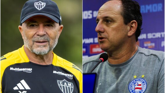 Jorge Sampaoli, técnico do Atlético, e Rogério Ceni, técnico do Bahia (foto: Paulo Henrique França / Atlético e Letícia Martins/EC Bahia)