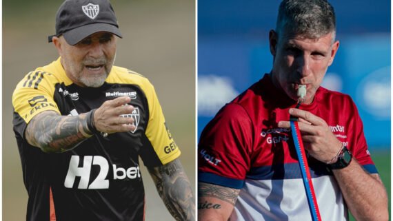 Sampaoli e Palermo, técnicos argentinos de Atlético e Fortaleza (foto: Pedro Souza/Atlético e Mateus Lotif/FEC)