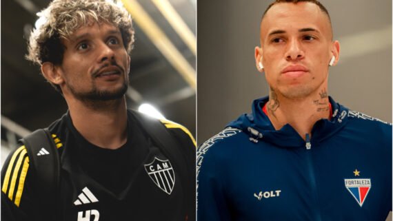 Gustavo Scarpa, meia do Atlético, e Breno Lopes, atacante do Fortaleza (foto: Pedro Souza/Atlético e Mateus Lotif/FEC)