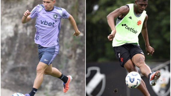 Jogadores do Botafogo e do Vasco durante treino no CT (foto: Vítor Silva/Botafogo e Matheus Lima/Vasco)