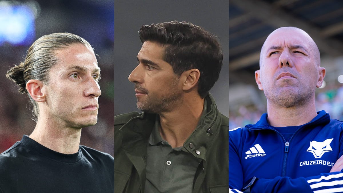 Filipe Luís, Abel Ferreira e Leonardo Jardim, técnicos de Flamengo, Palmeiras e Cruzeiro, respectivamente (foto: Gilvan de Souza/Flamengo; Cesar Greco/Palmeiras; Lucas Bubols/Cruzeiro)