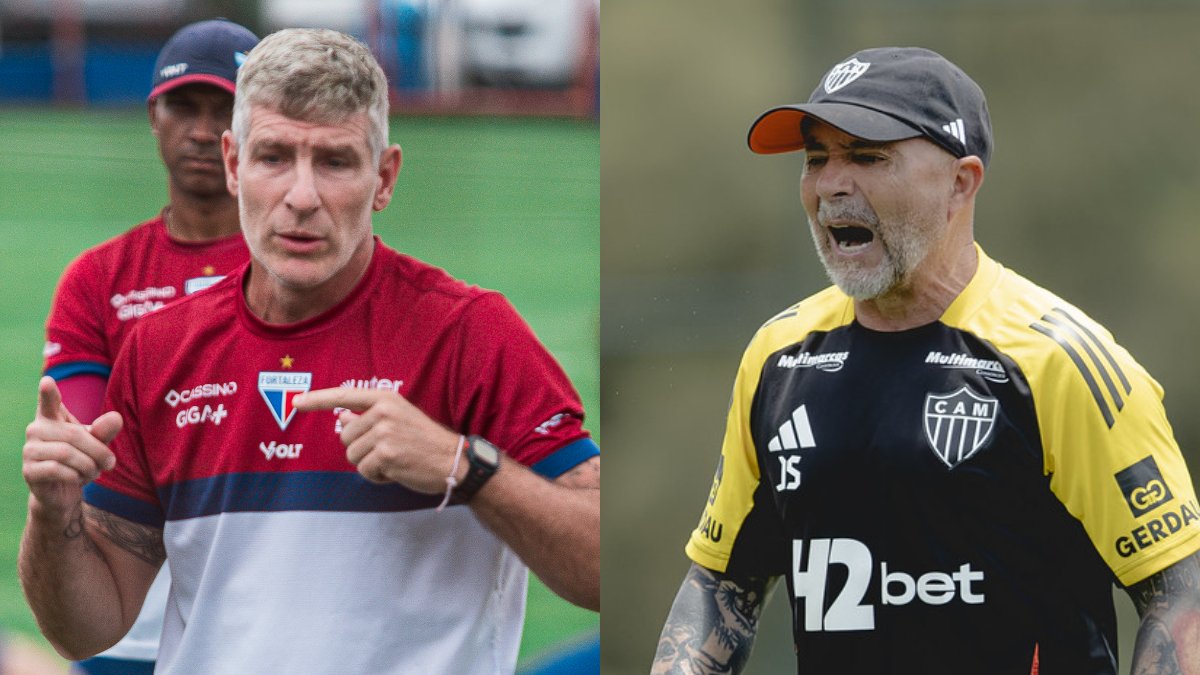 Martín Palermo e Jorge Sampaoli, técnicos argentinos de Fortaleza e Atlético (foto: Mateus Lotif / Fortaleza e Pedro Souza / Atlético)