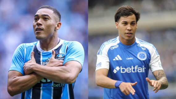 Carlos Vinícius, atacante do Grêmio, ao lado de Kaio Jorge, artilheiro do Cruzeiro (foto: Lucas Uebel/Grêmio; Alexandre Guzanshe/EM/D.A Press)