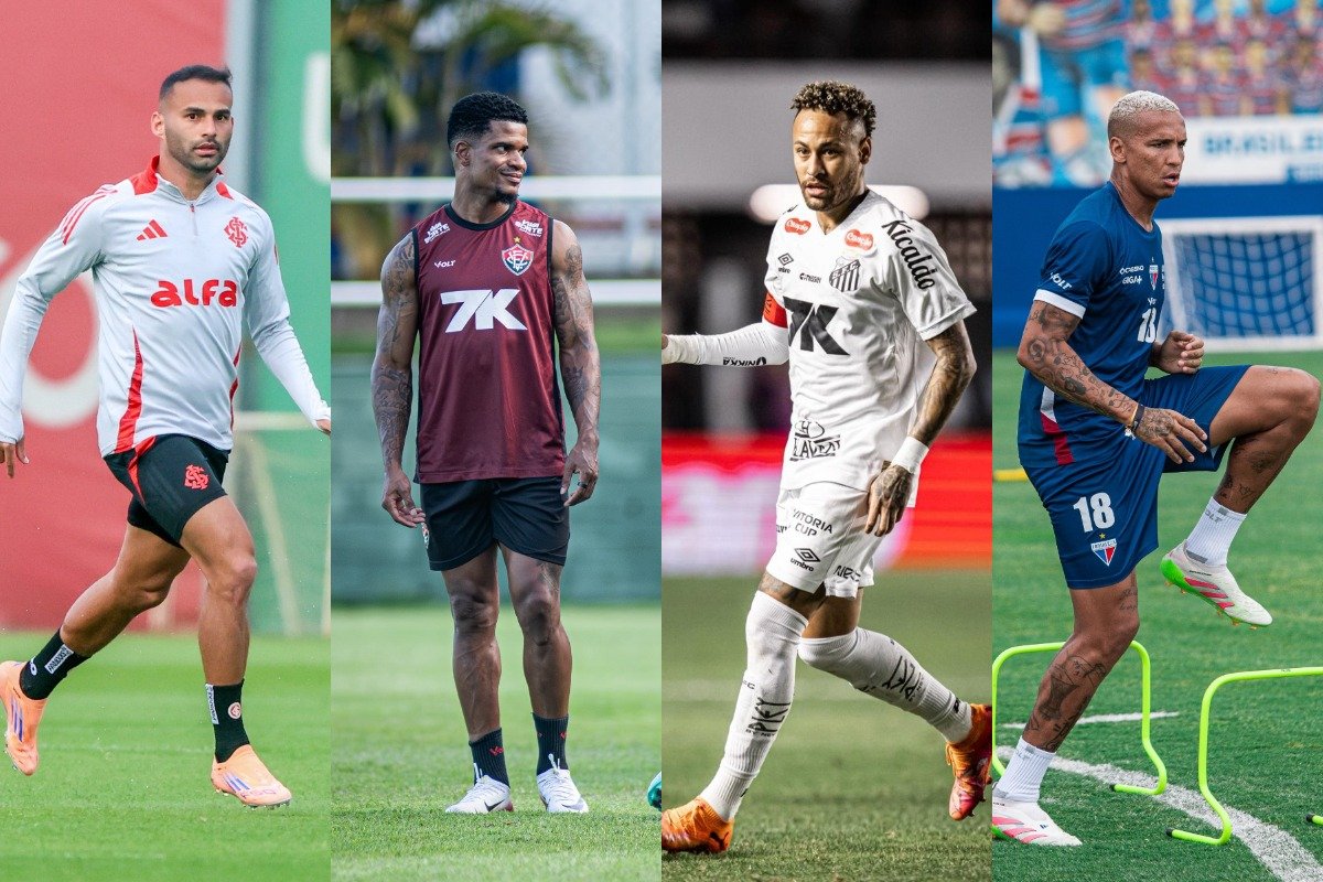Montagem em quatro blocos com atletas do Inter, Vitória, Santos e Fortaleza (foto: Divulgação/Internacional, Victor Ferreira/ Vitória, Divulgação/Santos e Matheus Amorim/Fortaleza)
