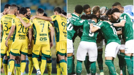 Jogadores do Mirassol e do Palmeiras reunidos em campo (foto: Divulgação/Mirassol e Divulgação/Palmeiras)