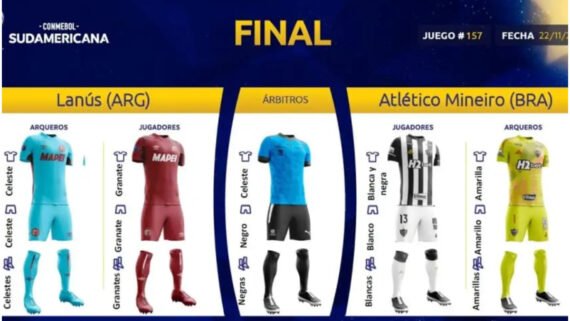 Imagem mostra os uniformes que Atlético e Lanús vão usar na final da Sul-Americana (foto: Conmebol/Divulgação)