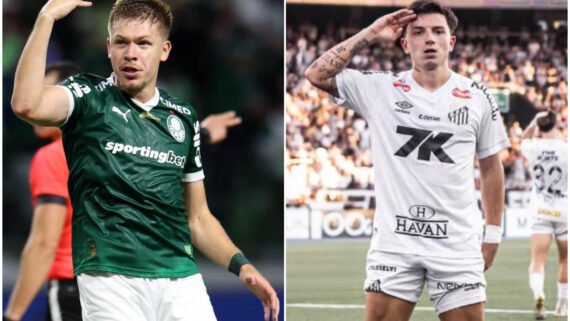 Jogadores durante comemoração (foto: Cesar Greco/Palmeiras e Raul Baretta/Santos)