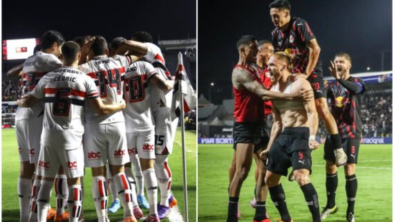 Jogadores do São Paulo e do Bragantino durante comemoração (foto: Rubens Chiri/São Paulo e Ari Ferreira/Bragantino)