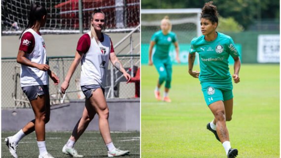 Jogadoras do São Paulo e do Palmeiras durante treino no CT (foto: Carolina Cunha/São Paulo e Paloma Cassiano/Palmeiras)