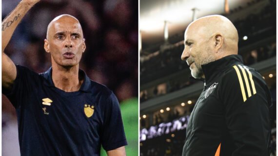 César Lucena, técnico interino do Sport, e Jorge Sampaoli, treinador do Atlético (foto: Paulo Paiva / Sport e Pedro Souza/Atlético)