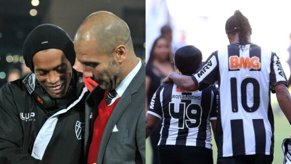 Ronaldinho Gaúcho com o técnico Pep Guardiola e a mãe Miguelina (foto: Alexandre Guzanshe/EM/DA Press)