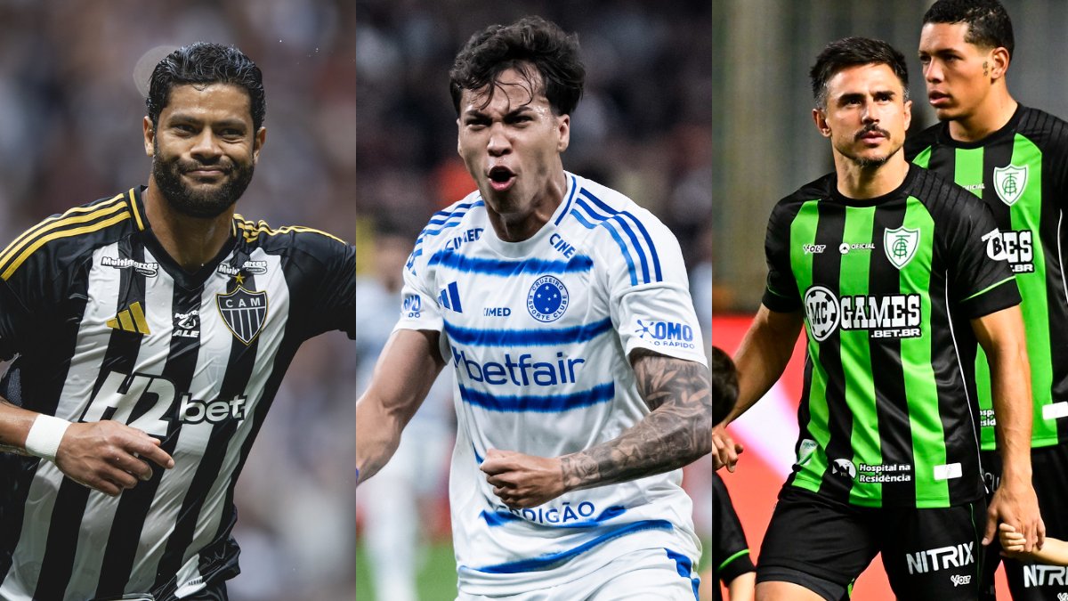 Hulk, do Atlético; Kaio Jorge, do Cruzeiro; e William Bigode, do América, comemoram gols em 2025 (foto: Pedro Souza/Atlético, Gustavo Aleixo/Cruzeiro e Mourão Panda/América)
