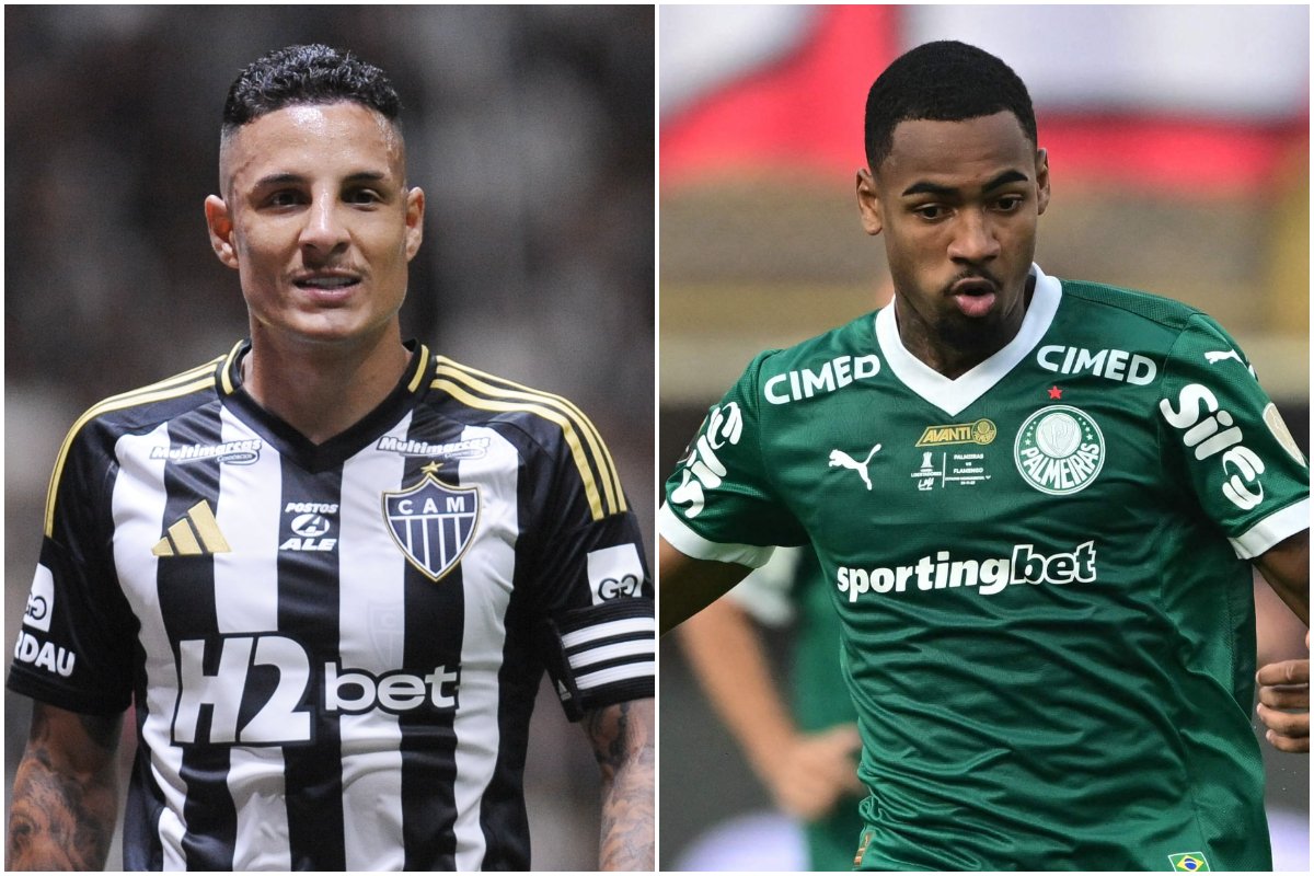 Montagem com imagens de Guilherme Arana, do Atlético, e Allan, do Palmeiras (foto: Montagem com imagens de Alexandre Guzanshe/EM/D.A. Press e Ernesto Benavides/AFP)