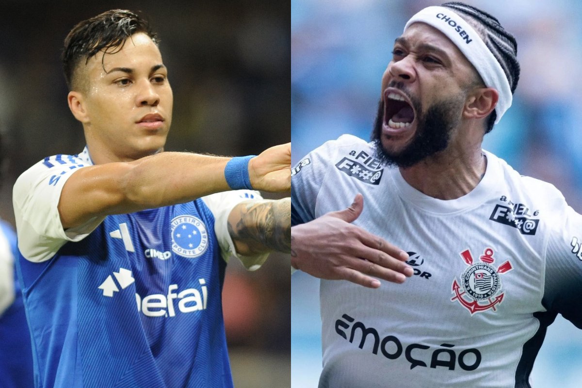 Kaio Jorge e Memphis Depay (foto: Alexandre Guzanshe/EM/DA Press e Rodrigo Coca/Corinthians)