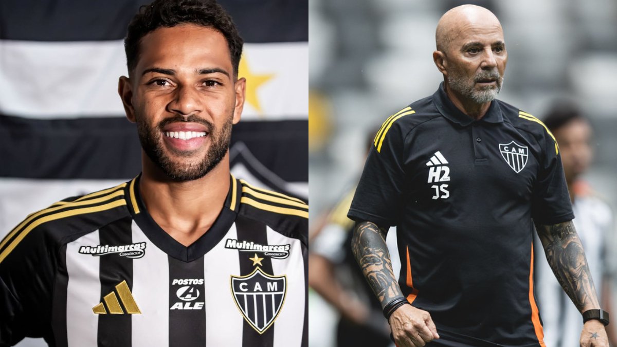 Renan Lodi, reforço do Atlético, e Jorge Sampaoli, técnico do Galo (foto: Divulgação/Atlético e Pedro Souza/Atlético)