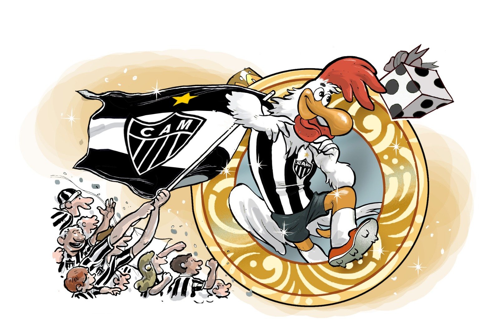 Mascote do Atlético, Galo, com uma caixa de presente ao lado de torcedores com bandeira do clube (foto: Quinho/EM)