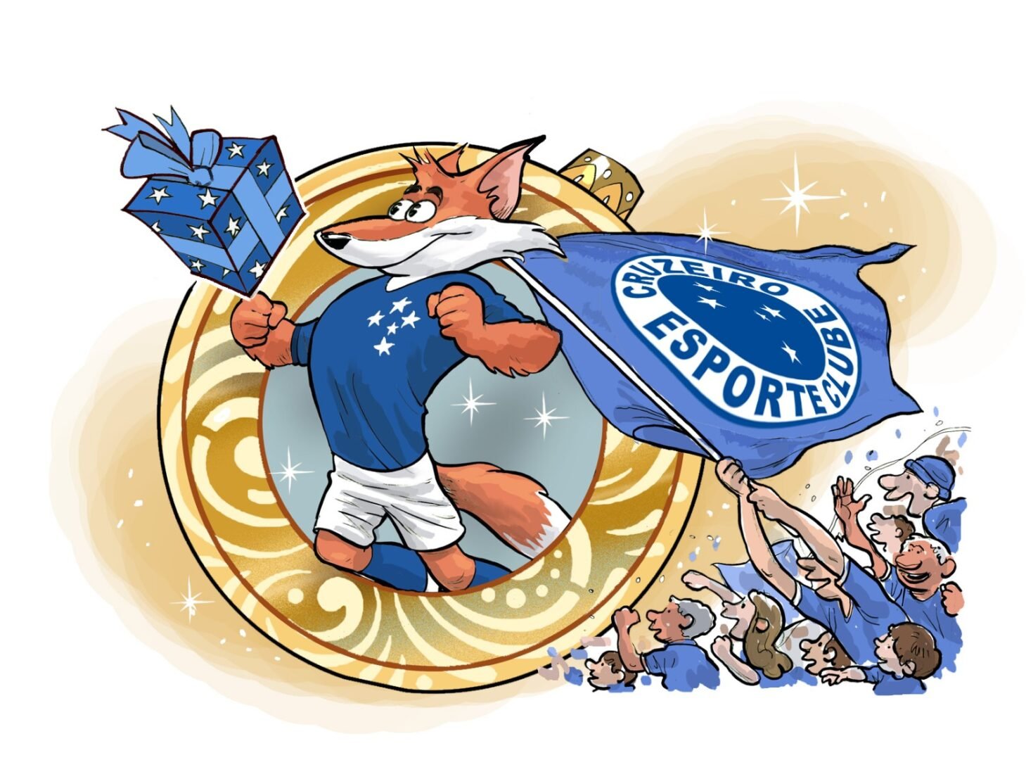 Mascote do Cruzeiro, Raposa, com uma caixa de presente ao lado de torcedores com bandeira do clube (foto: Quinho/EM)