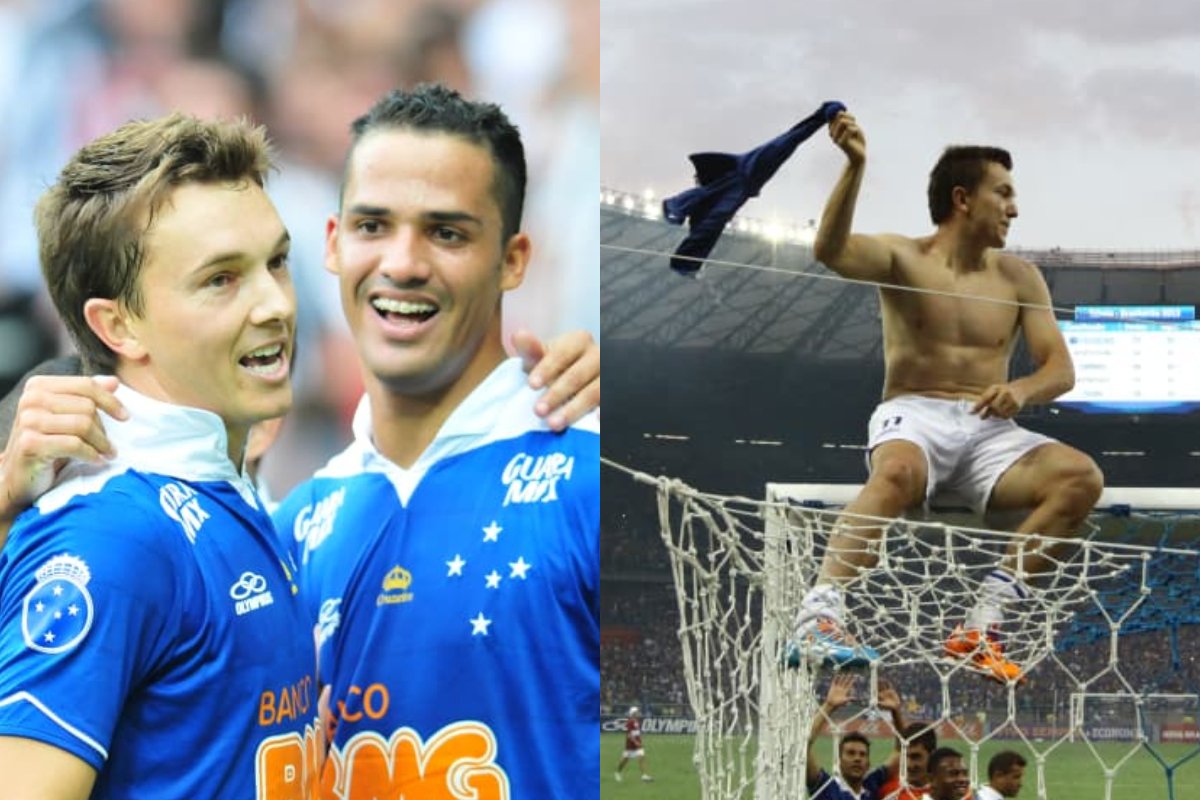 Dagoberto com a camisa do Cruzeiro em 2013 e ao lado de Anselmo Ramon (foto: Alexandre Guzanshe e Rodrigo Clemente/Arquivo Estado de Minas)