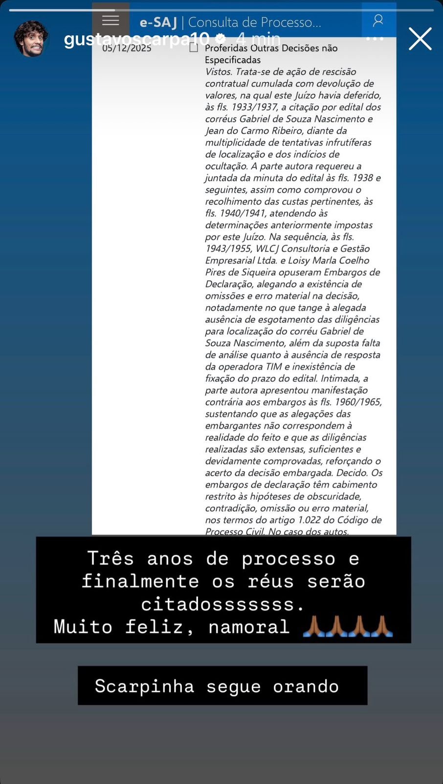 Scarpa reage a evolução de processo por golpe com criptomoedas - (foto: Reprodução/Instagram/Gustavo Scarpa)