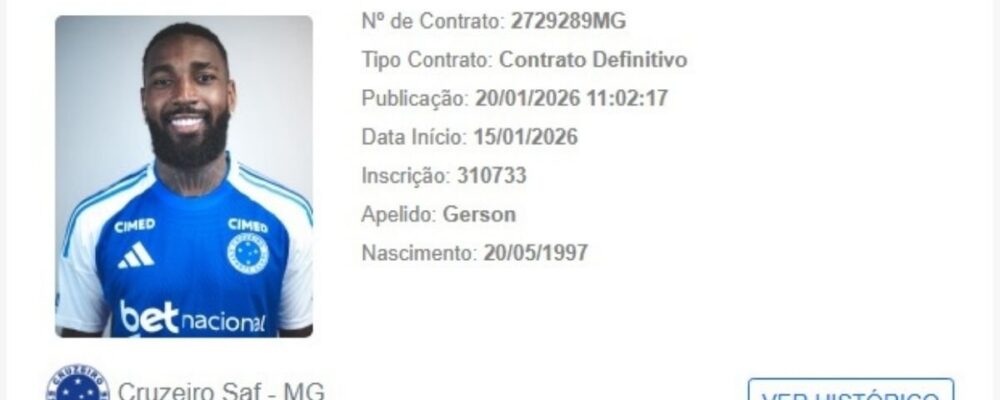 Gerson é regularizado e pode estrear pelo Cruzeiro contra o Democrata-GV