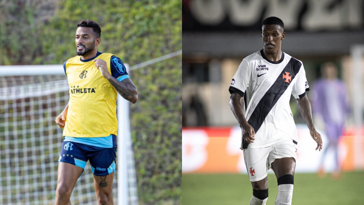 Reinaldo, do Mirassol, veste colete amarelo durante treinamento, e Robert Renan, do Vasco, veste camisa branca e preta durante jogo. (foto: Divulgação/Mirassol; Matheus Lima/Vasco)