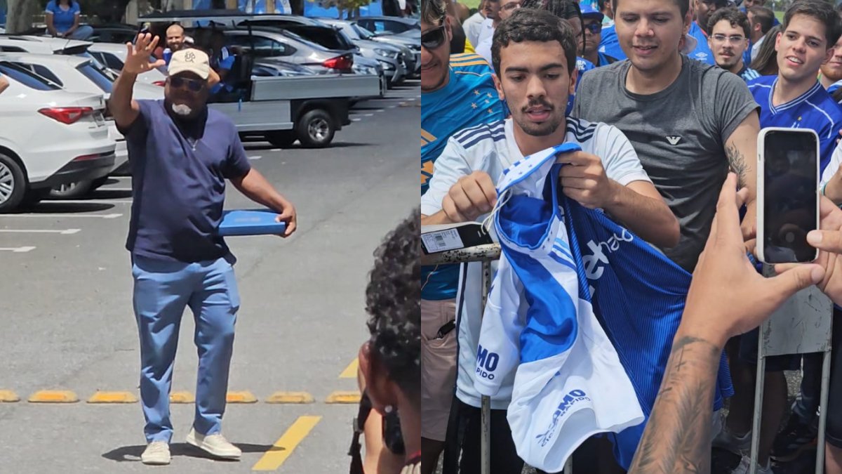 Marcão, pai de Gerson, presentou um torcedor do Cruzeiro com a camisa 97, número que será utilizado pelo atleta (foto: João Victor Pena/No Ataque)