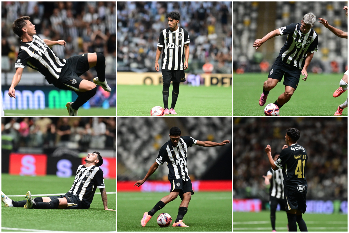 Jovens da base do Atlético em ação contra o Betim, na Arena MRV - (foto: Montagem com imagens de Leandro Couri/EM/D.A. Press)