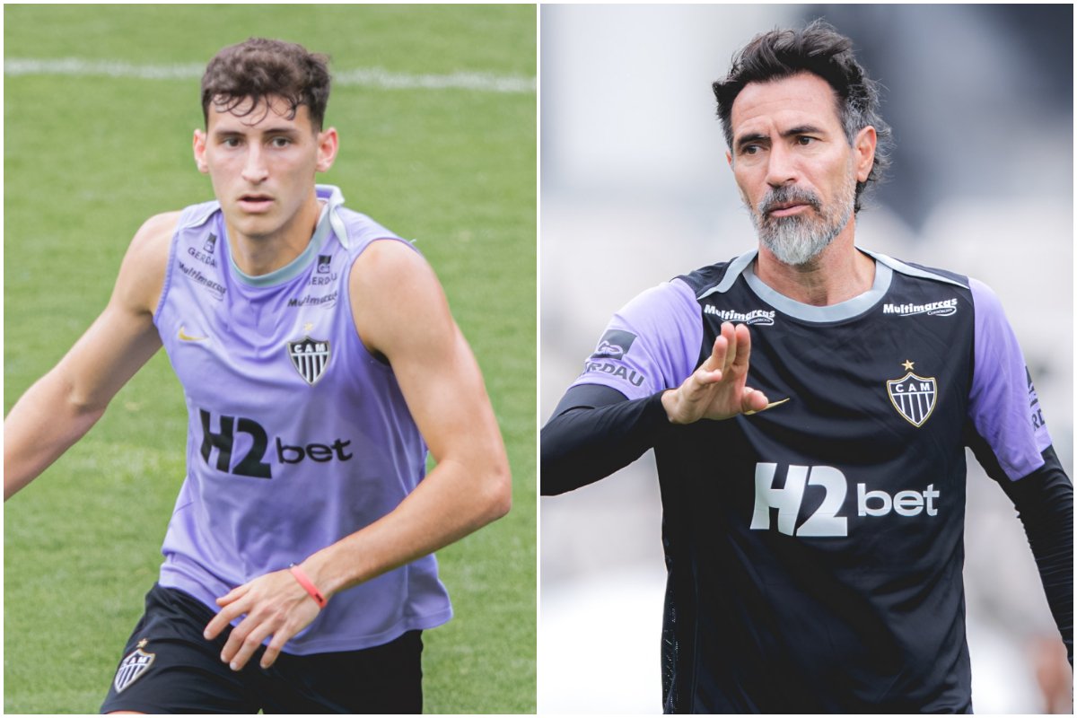 Tomás Pérez e Eduardo Domínguez em treinos do Atlético na Cidade do Galo (foto: Montagem com imagens de Pedro Souza/Atlético)