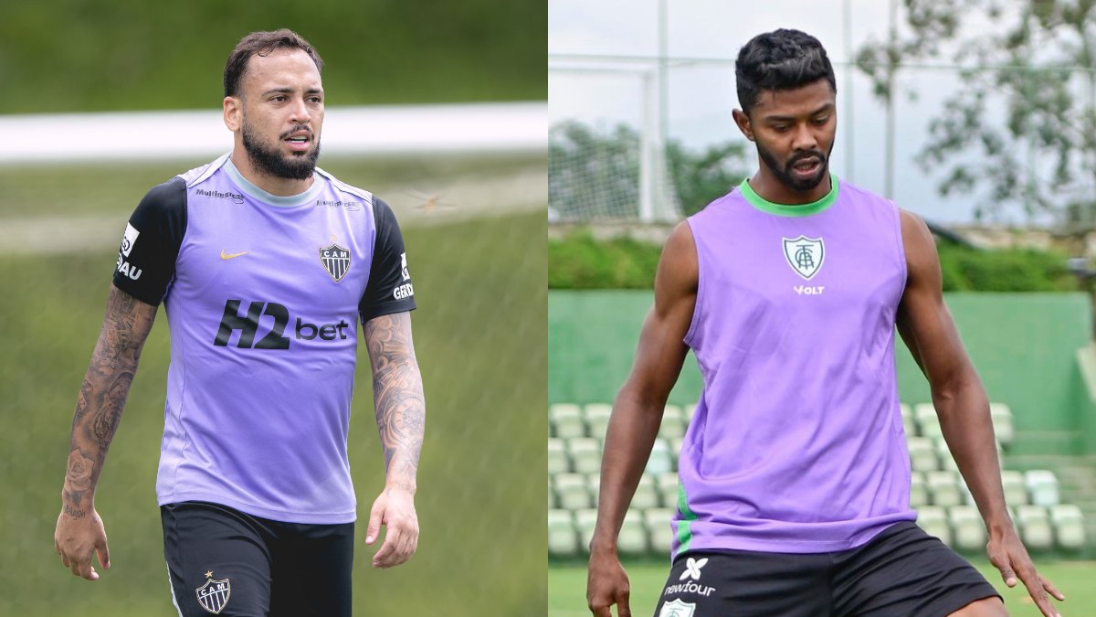 Maycon e Ricardo Silva, jogadores de Atlético e América (foto: Pedro Souza / Atlético e Mourão Panda / América)
