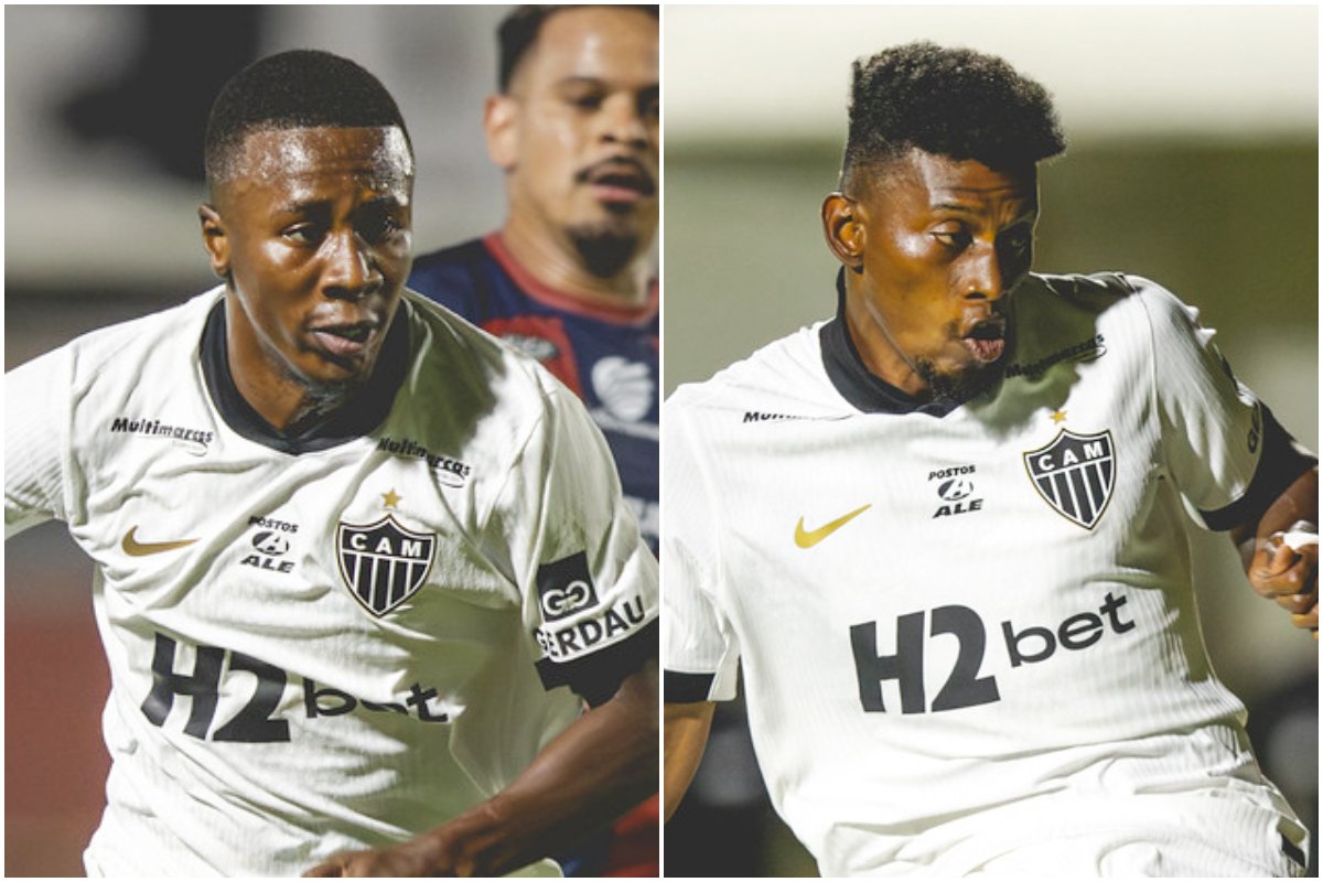 Alan Minda e Cassierra em ação pelo Atlético contra o Itabirito, no Estádio Castor Cifuentes (foto: Montagem com imagens de Pedro Souza/Atlético)
