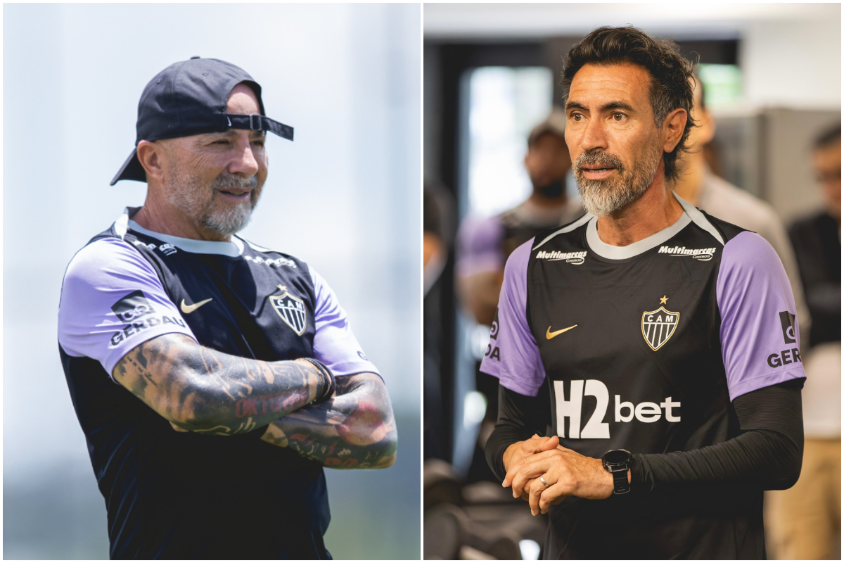 Técnicos Jorge Sampaoli e Eduardo Domínguez em ação pelo Atlético (foto: Montagem com imagens de Pedro Souza/Atlético)