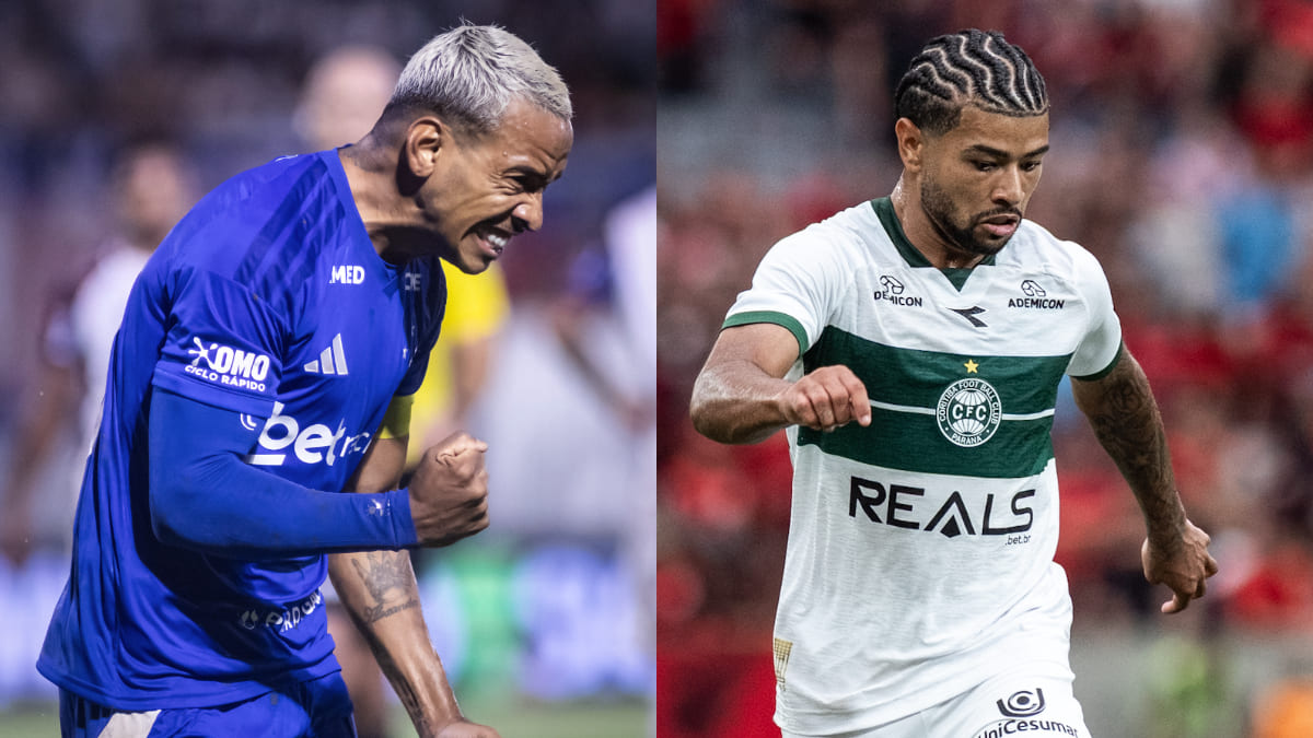 Matheus Pereira, meio-campista do Cruzeiro; e Lucas Ronier, atacante do Coritiba (foto: Gustavo Aleixo/Cruzeiro; JP Pacheco/Coritiba)