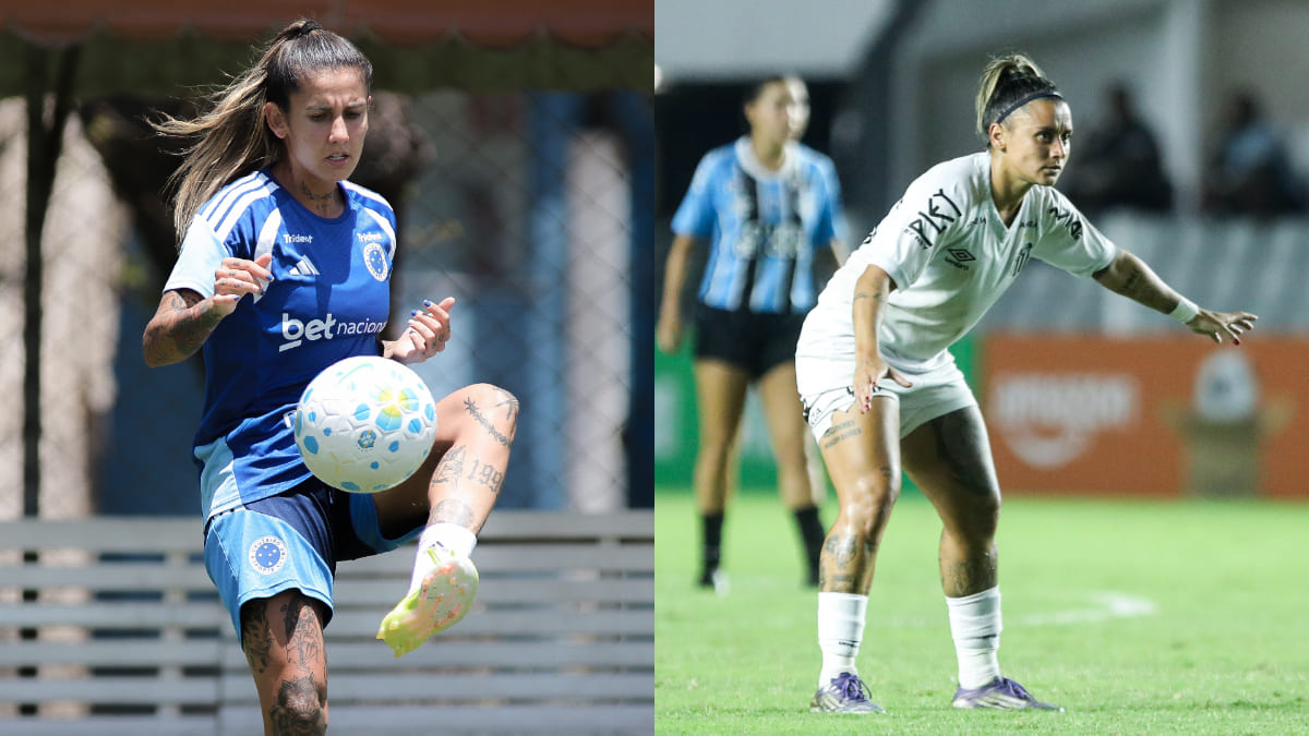 Gaby Soares, meio-campista do Cruzeiro, e Rafa Andrade, volante do Santos (foto: Gustavo Aleixo/Cruzeiro; Reinaldo Campos/Santos)