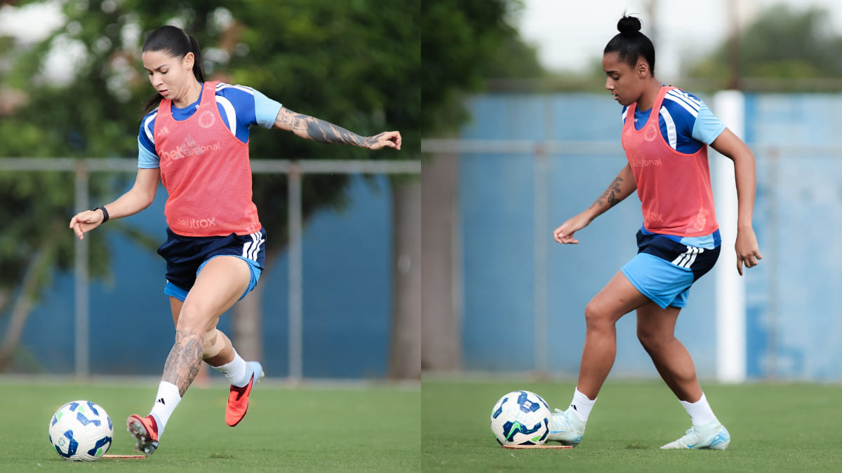 Lorena Bedoya, volante do Cruzeiro, e Ketlin, lateral-direita, em treinamento na Toca da Raposa 1, em Belo Horizonte (foto: Gustavo Martins/Cruzeiro)