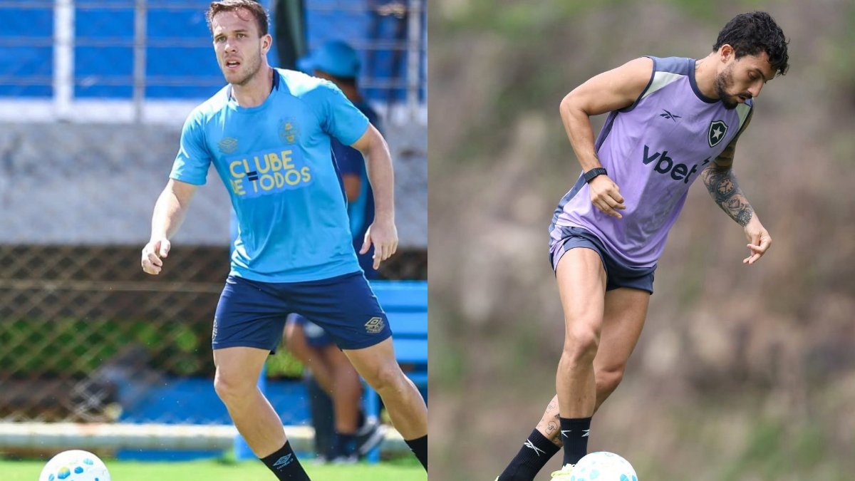 Jogadores do Grêmio e Botafogo posam para foto (foto: Lucas Uebel/Grêmio e Vítor Silva/Botafogo)