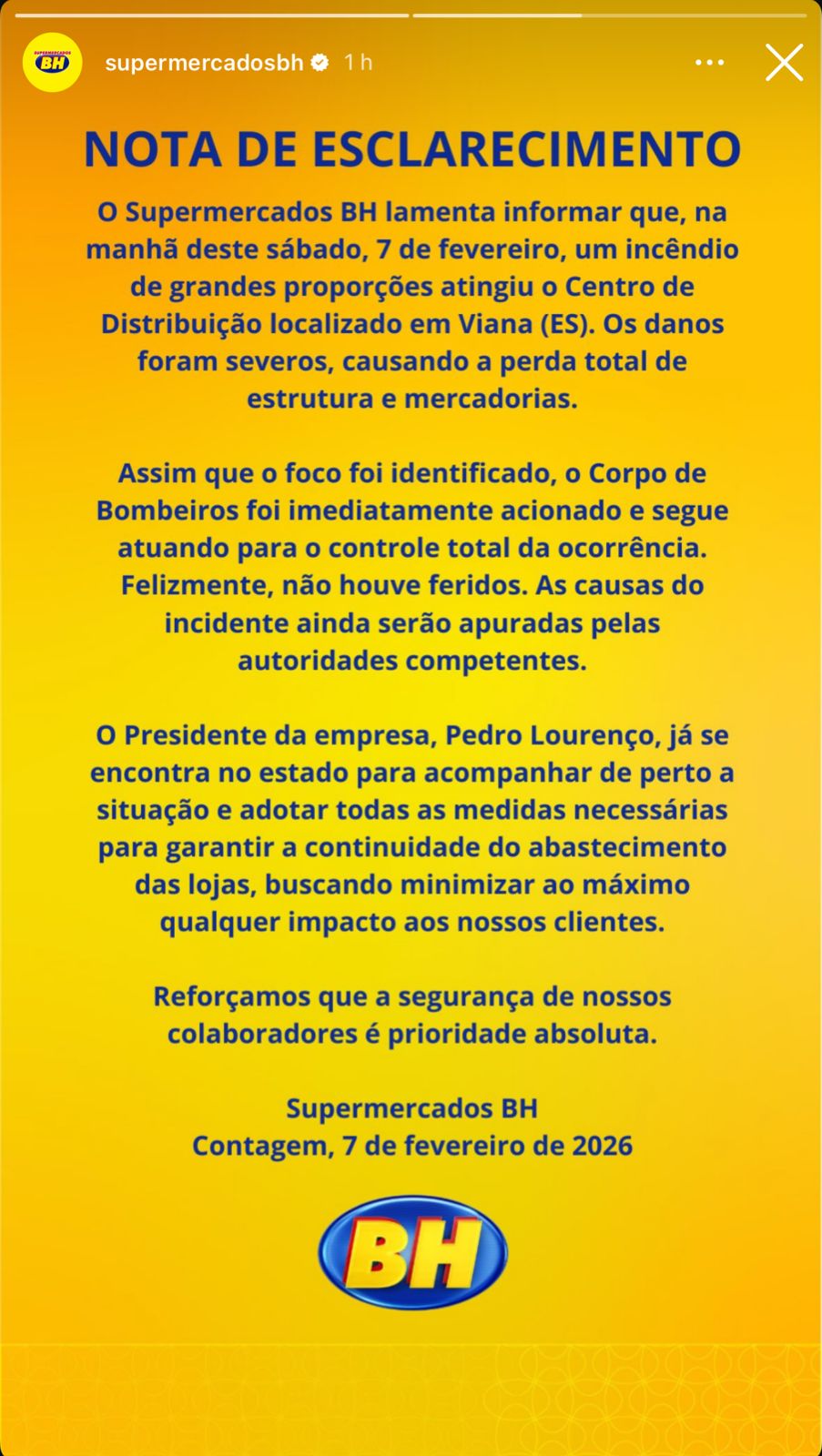Comunicado oficial do Supermercados BH divulgado no Instagram - (foto: Supermercados BH/Divulgação)