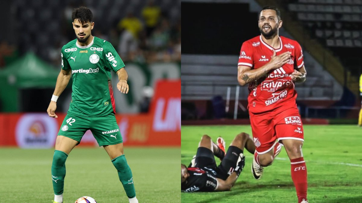 Flaco López, do Palmeiras, e Felipe Azevedo, do Capivariano (foto: Cesar Greco/Palmeiras; Divulgação/Capivariano)