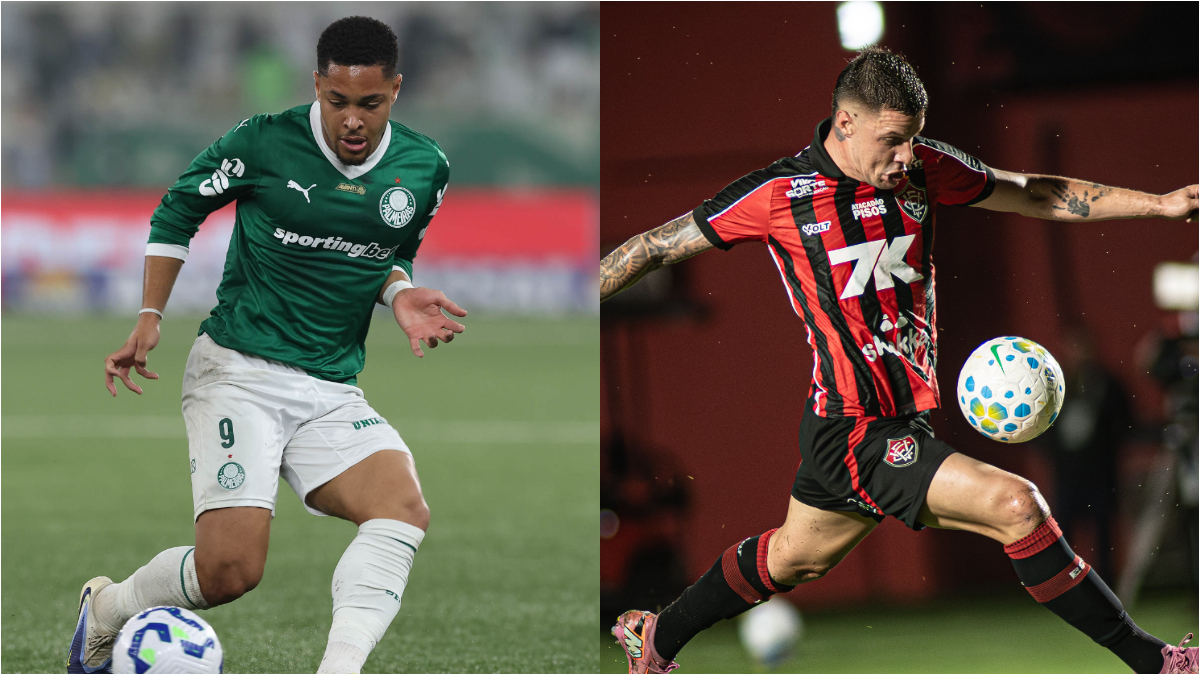 Vitor Roque, do Palmeiras, e Renato Kayszer, do Vitória (foto: Cesar Greco/Palmeiras; Victor Ferreira/EC Vitória)