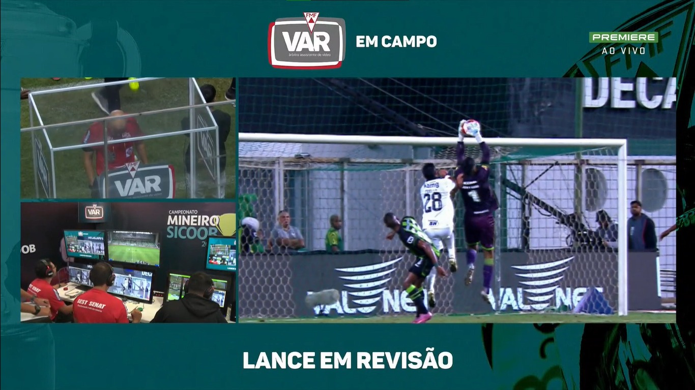 VAR revisou lance polêmico no clássico entre América e Atlético no Independência, pelo Campeonato Mineiro - (foto: Reprodução/Premiere)