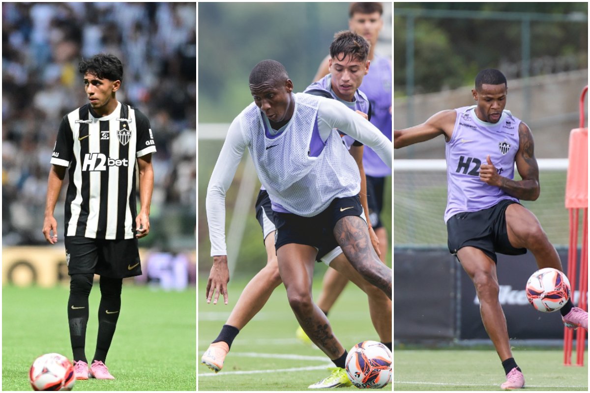 Kauã Pascini, Patrick Silva e Júnior Santos: trio do Atlético não foi relacionado para jogo contra o Grêmio (foto: Leandro Couri/EM/D.A. Press, Pedro Souza/Atlético e Daniela Veiga/Atlético)