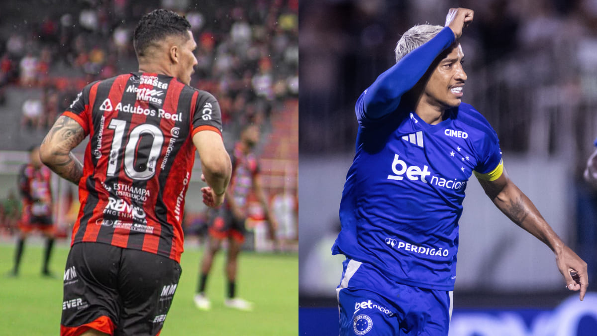 Gabriel Tota e Matheus Pereira vestem as camisas 10 de Pouso Alegre e Cruzeiro, respectivamente (foto: Romário/Pouso Alegre; Gustavo Aleixo/Cruzeiro)