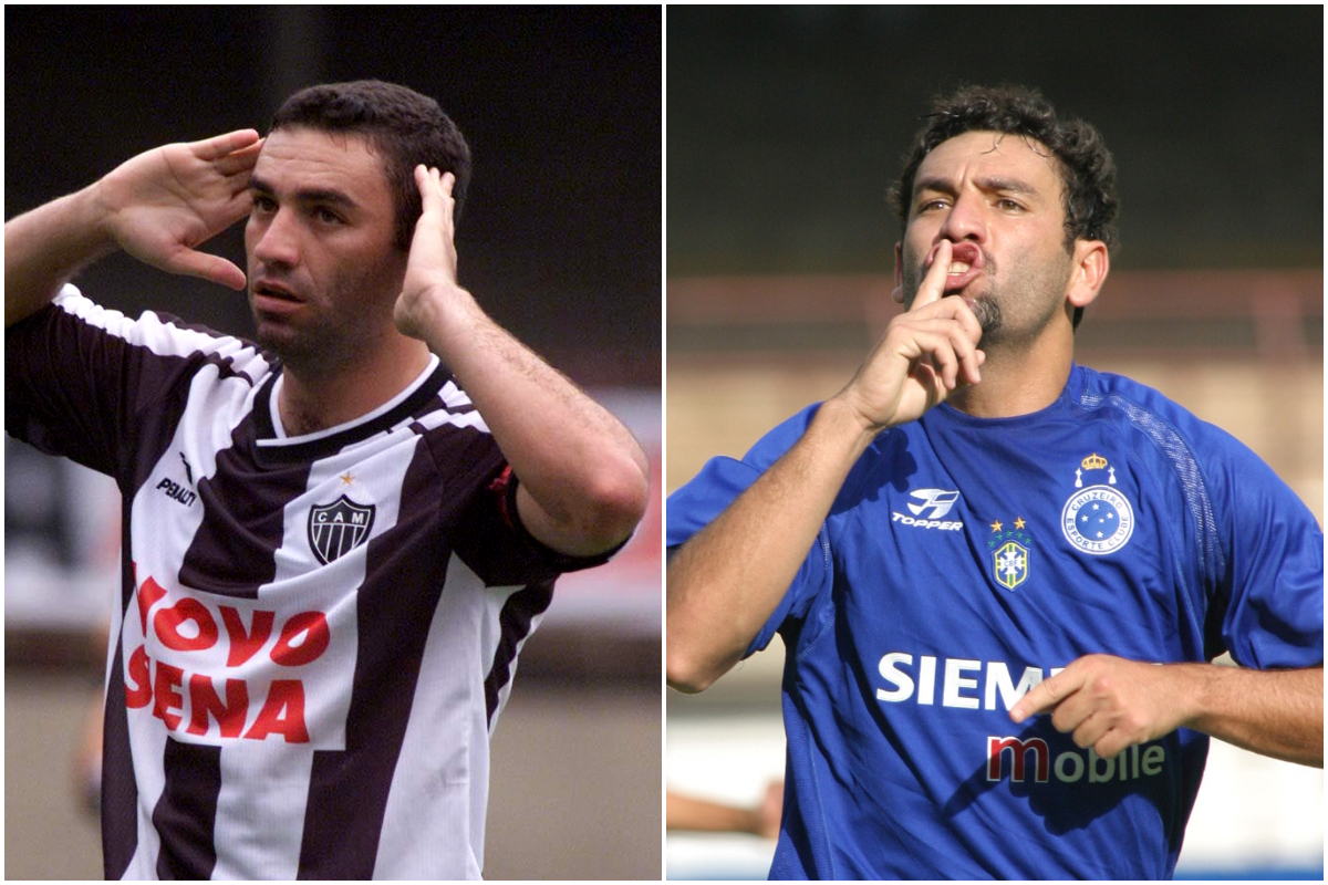 O ex-atacante Guilherme Alves em comemorações de gols em clássicos mineiros, por Atlético e Cruzeiro, respectivamente, em 2001 e 2004 (foto: Montagem com imagens de Auremar de Castro/Estado de Minas e César Trópia/Estado de Minas)