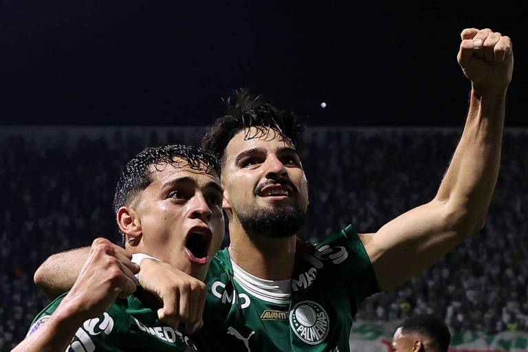 Flaco López (à dir.) comemora gol pelo Palmeiras na final do Paulista (foto: Cesar Greco/Ag. Palmeiras)