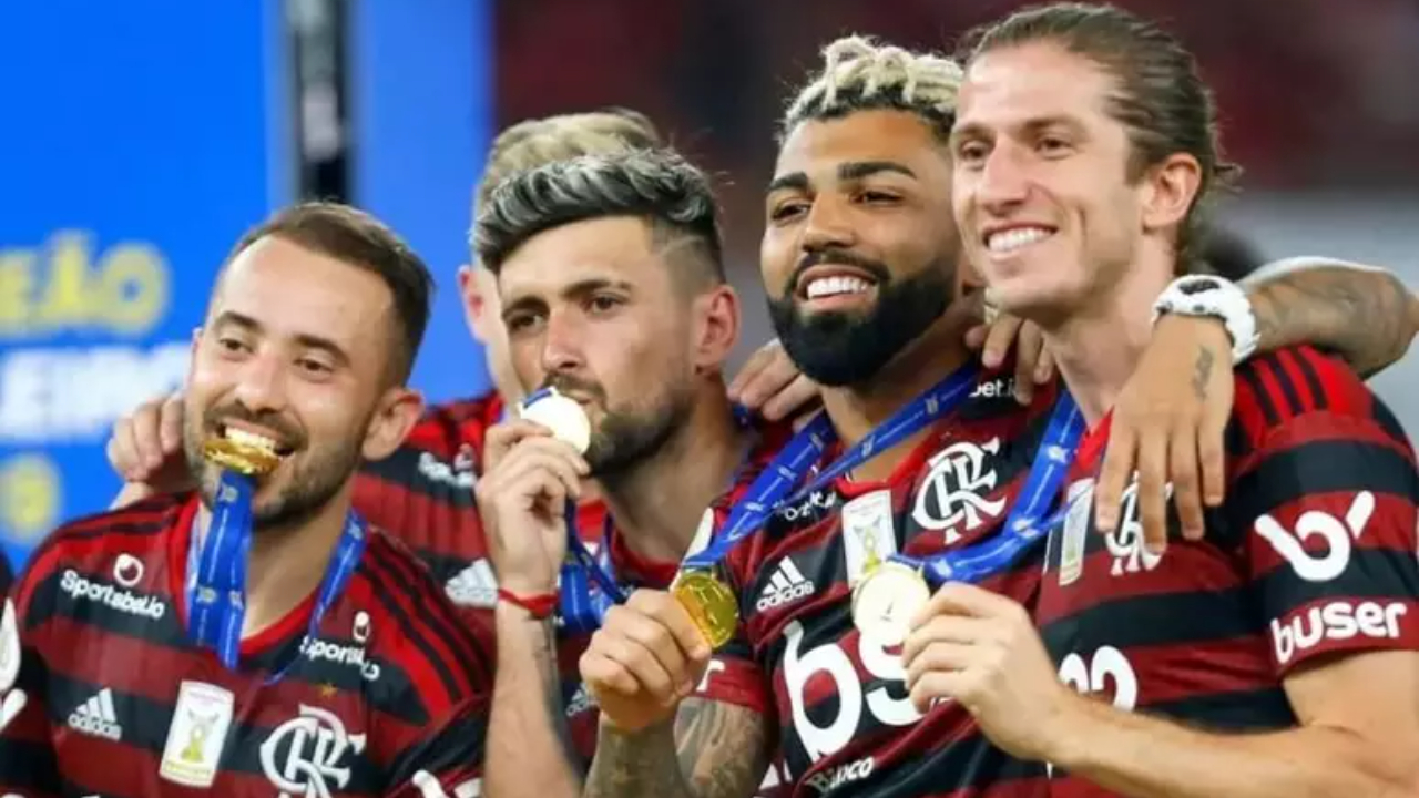 Everton Ribeiro, Arrascaeta, Gabigol e Filipe Luis, jogadores do Flamengo - (foto: Divulgação/Flamengo)