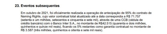 Demonstração financeira de 2021 da Arena MRV - (foto: Reprodução)