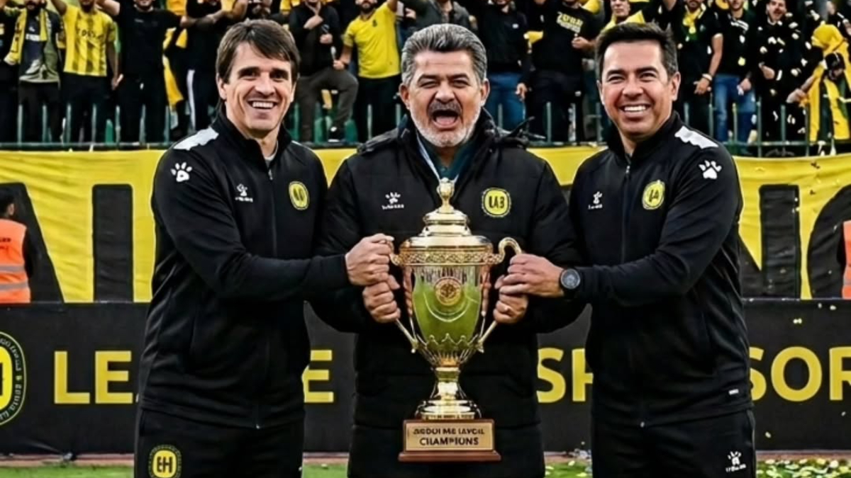 Thiago Larghi, Ney Franco e Robson Gomes (da esquerda para a direita) seguram troféu do Campeonato Jordano em foto feita por Inteligência Artificial - (foto: Reprodução/Instagram)