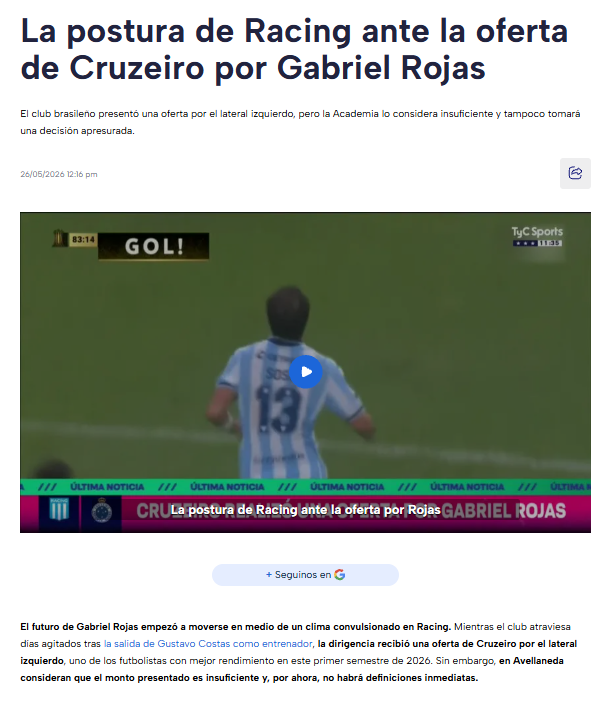 TyC noticia interesse do Cruzeiro em Gabriel Rojas, do Racing