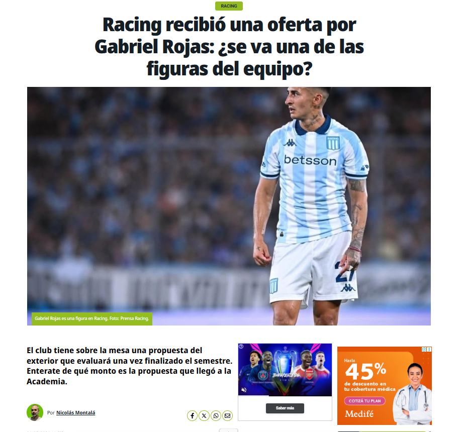 Olé noticia interesse do Cruzeiro em Gabriel Rojas, do Racing
