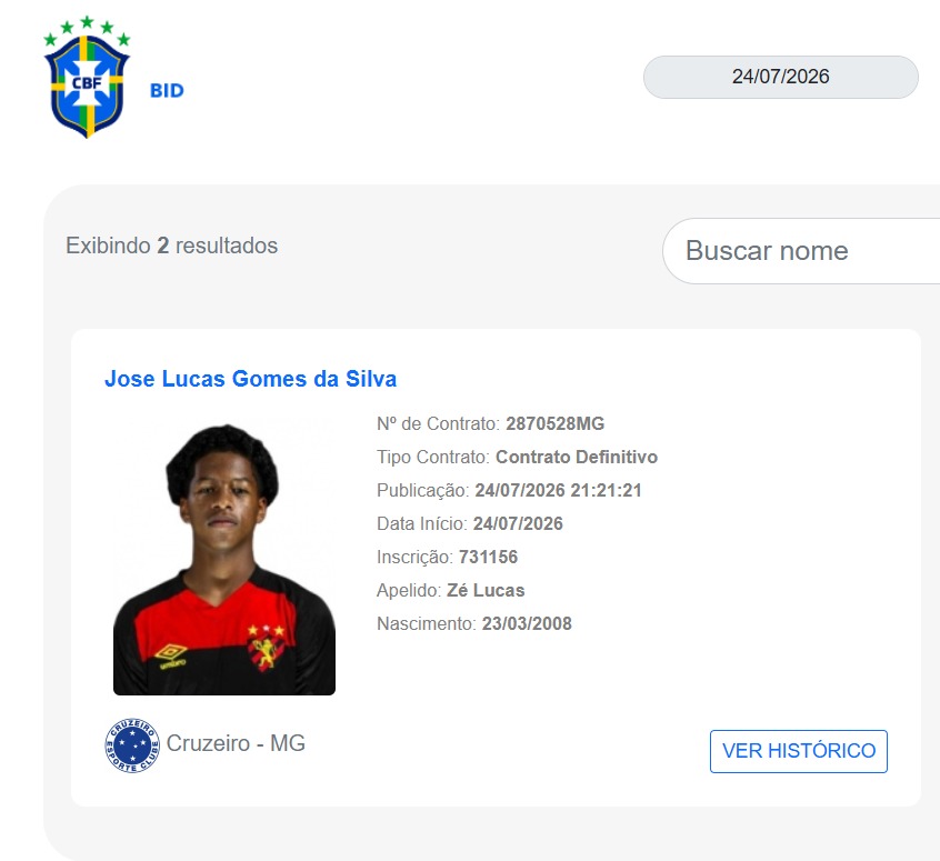 Registro de Zé Lucas como jogador do Cruzeiro no BID - (foto: BID/Reprodução)